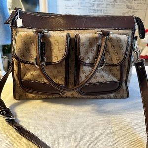 Dooney & Bourke Signature Fabric Double Pocket Tote Brown/Crossbody.Preloved